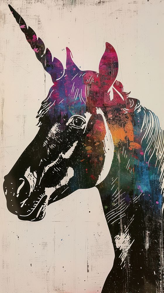 Silkscreen on paper of an unicorn painting animal mammal.