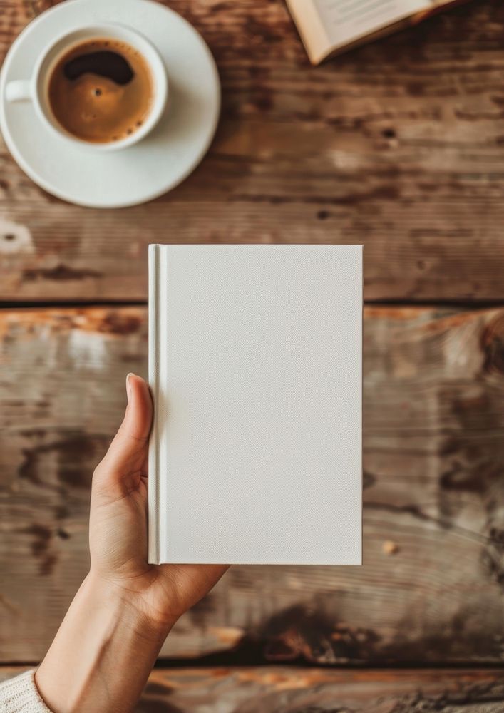 A hand holding white empty hardcover book publication coffee cup.