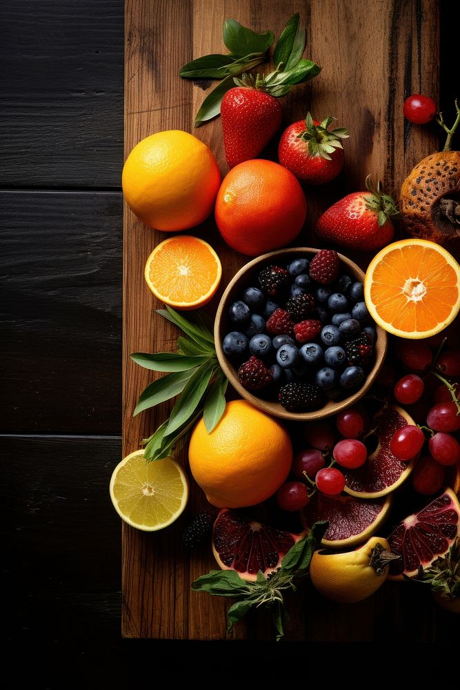 Dark wooden board fruit strawberry blackberry.