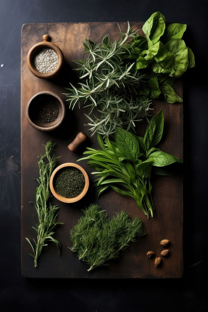Dark wooden board herbs plant food.