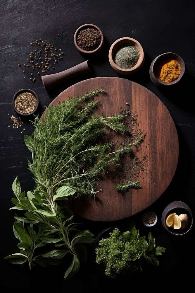 Dark wooden board plant food herb.