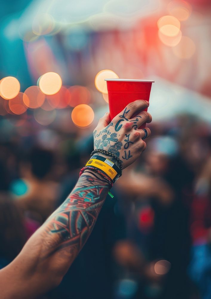 Man holding red papercup and wearing white empty paper wristband festival arm celebration.