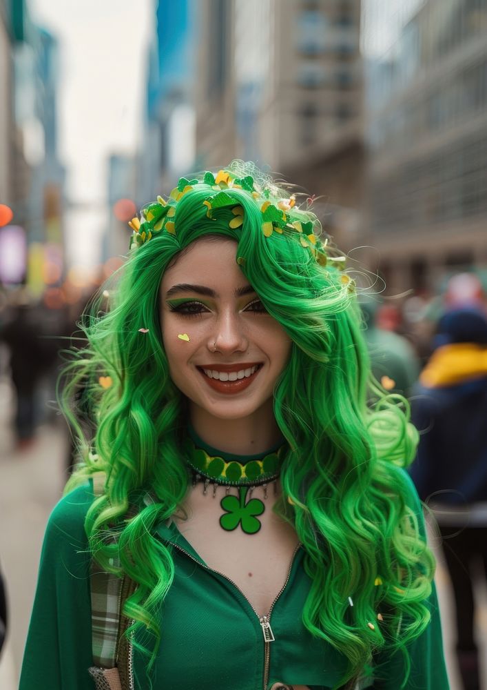 Woman wearing green wig adult day individuality.