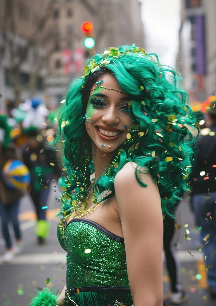 Woman wearing green wig carnival parade adult.