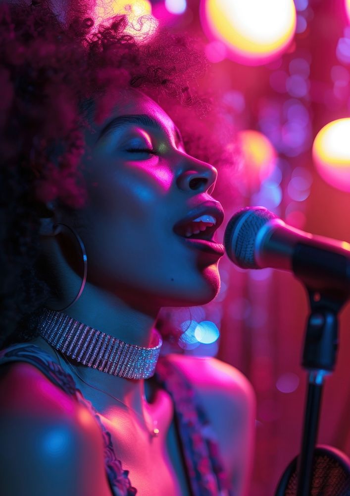 Afro woman man singing with retro vocal microphone adult entertainment illuminated.