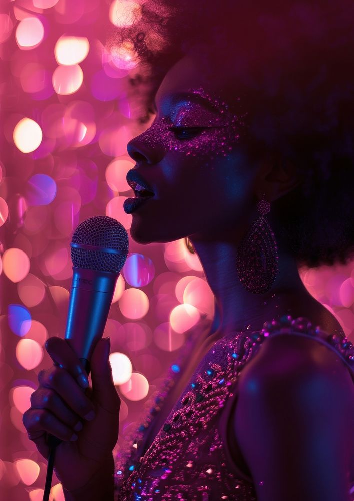 Afro woman man singing with retro vocal microphone glitter purple adult.