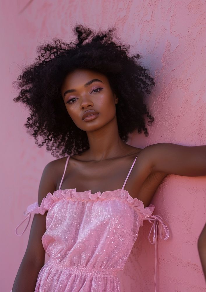 Afro woman leaning against wall with short slip dress pink hairstyle happiness.