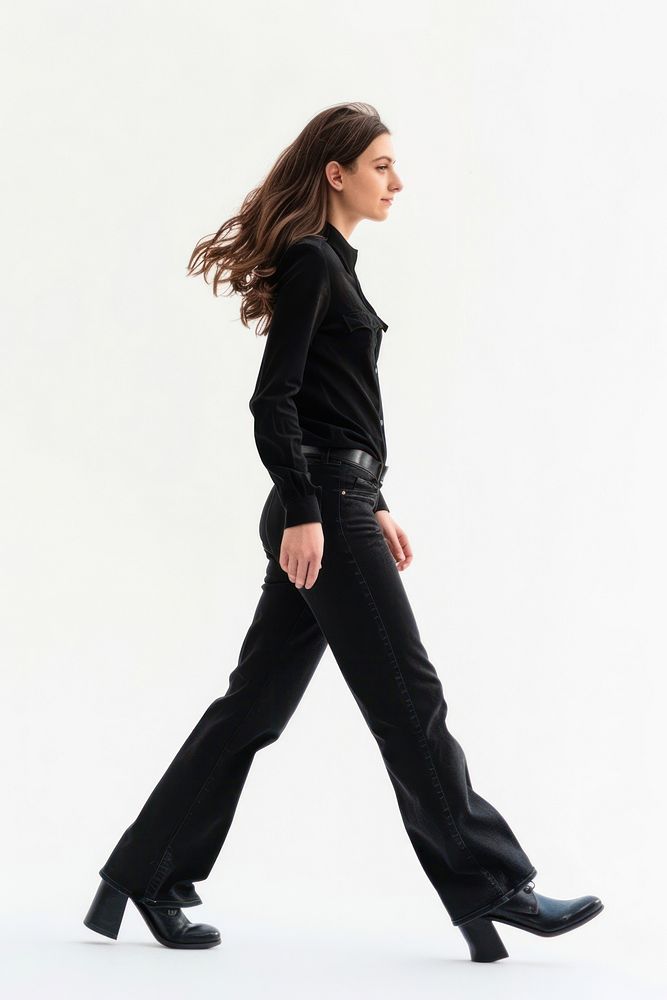 Woman walking footwear sleeve pants.