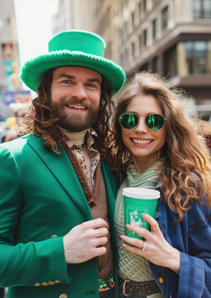 Couple holding green paper cup portrait glasses adult.