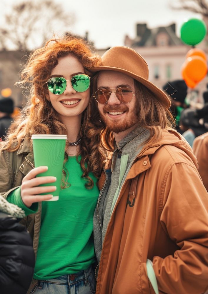Couple holding green paper cup sunglasses portrait adult.