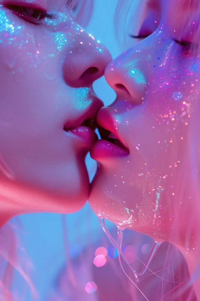 Couple sensual kiss close purple adult pink.