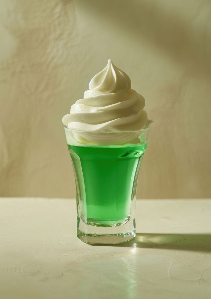 Green jello whip cream on top in a shot glass dessert food refreshment.