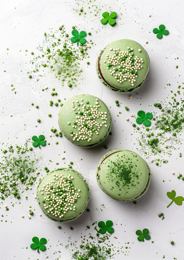Green macaron chocolate flavor on top sprinkles clover macarons food confectionery.