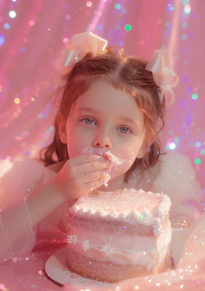 Kid girl eating birthday cake dessert baby pink.