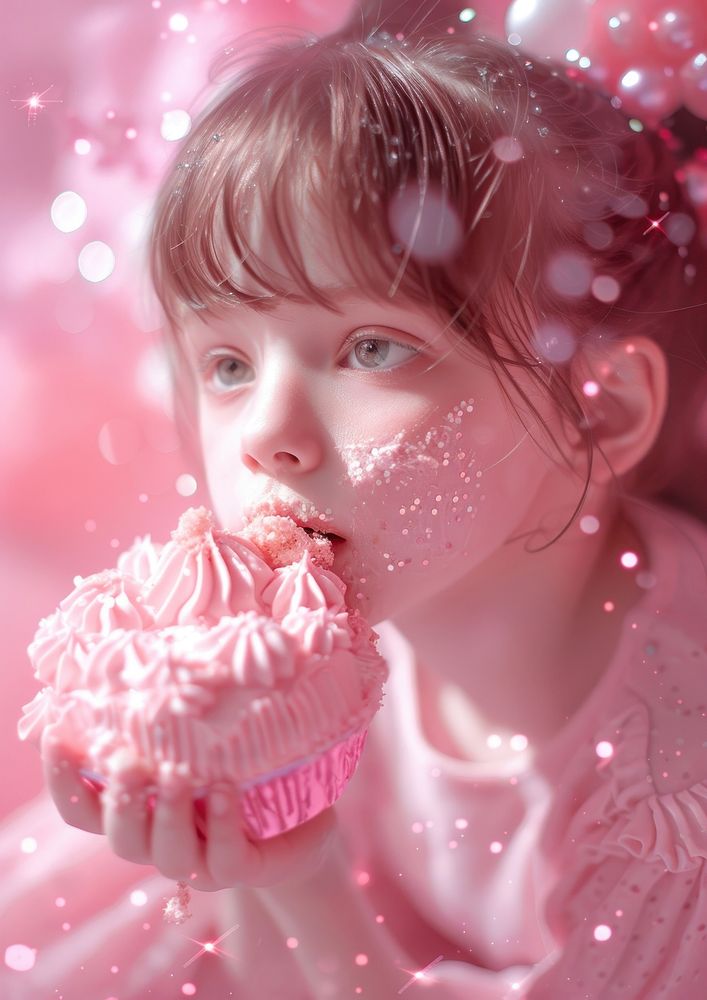 Kid girl eating birthday cake portrait dessert cupcake.
