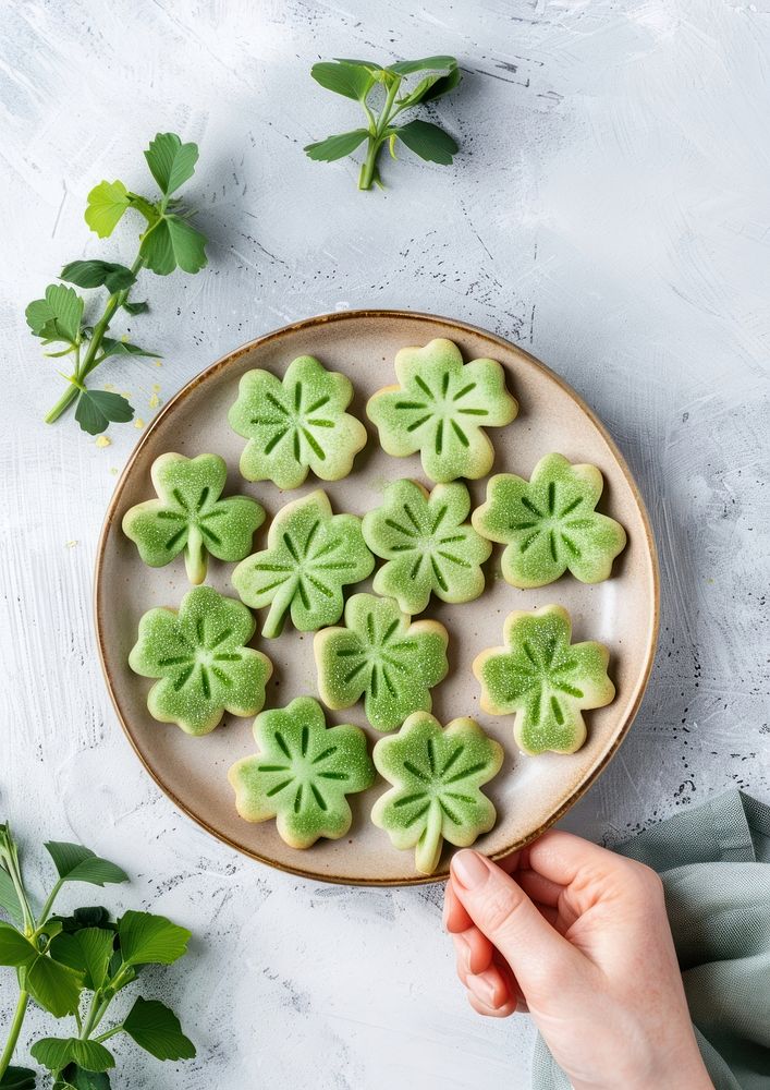 Shamrock sugar cookies in the dish food confectionery xiaolongbao.