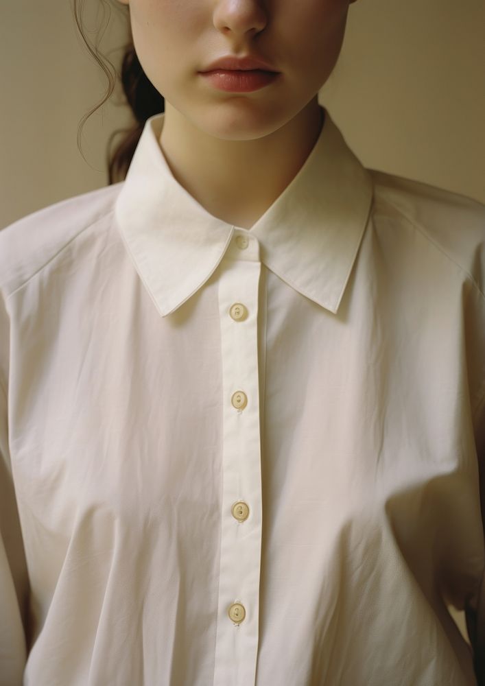 Cropped collared shirt with long sleeves blouse accessories front view.