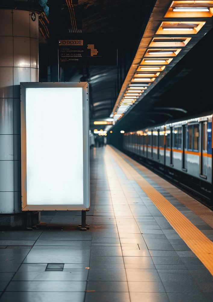 Blank billboard mock up in a subway train outdoors light city.