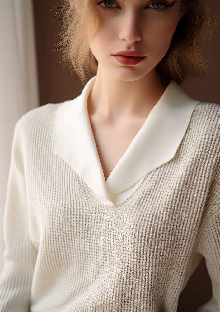 Knit sweater with a lapel collar and long sleeves blouse contemplation front view.