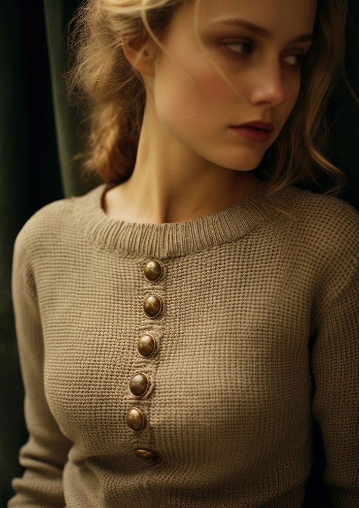 Round neck sweater with long sleeves front view medication hairstyle.