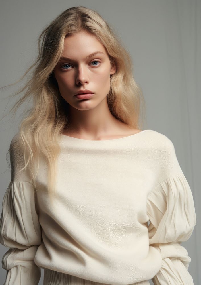 Soft-touch sweater featuring a straight neckline with turn-down detail portrait sleeve blouse.