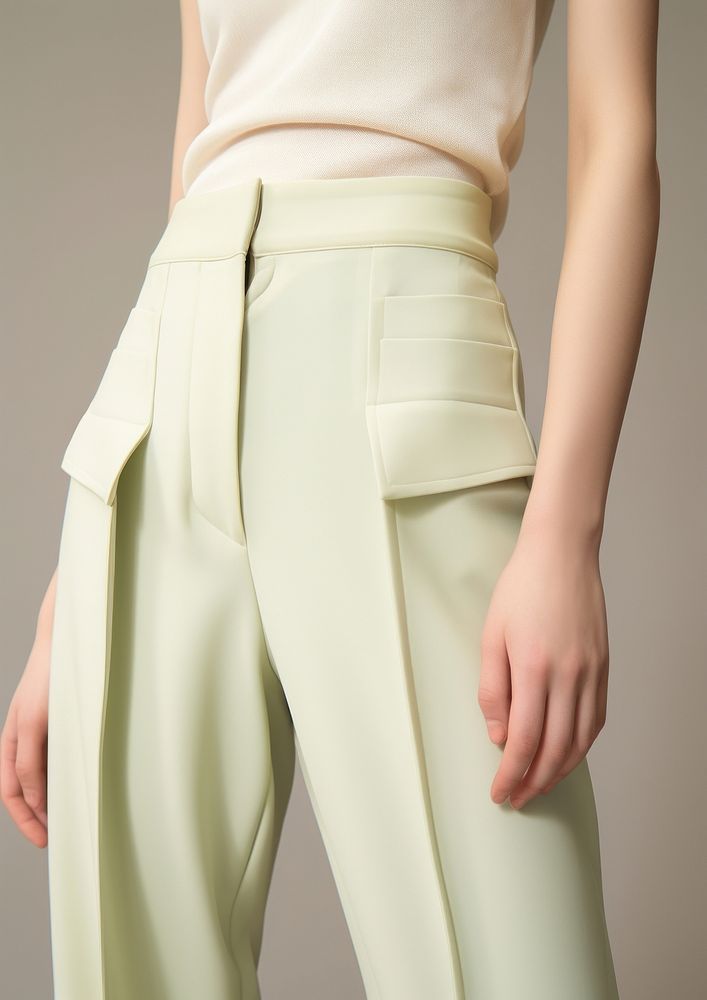 Soft color high-waist trousers with front dart details adult elegance standing.