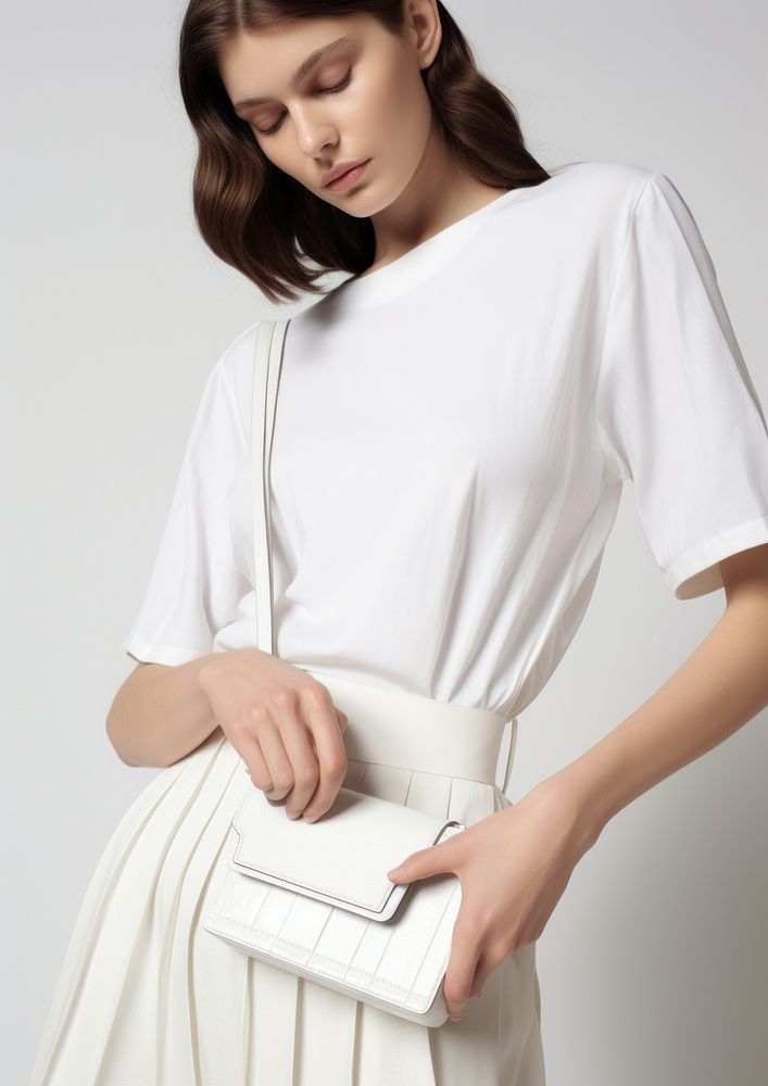 Woman carrying white wallet crossbody fashion sleeve blouse.