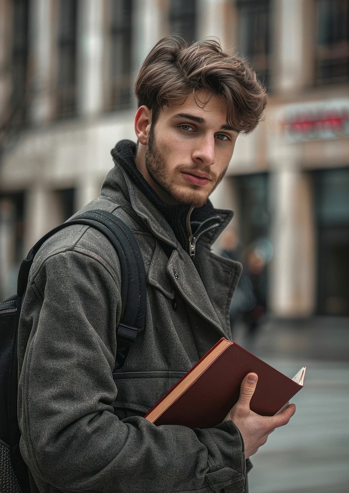 Young man holding book portrait reading jacket.