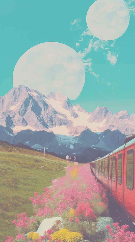 Train with mountain landscape outdoors nature.