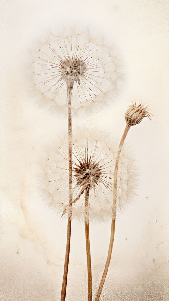 Real pressed dandelions flower plant wall.