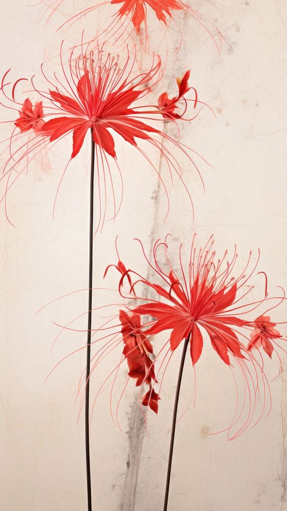 Real pressed red spider lily flowers pattern plant wall.