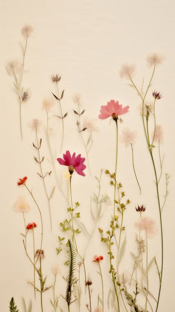 Real pressed spring flowers plant petal wall.