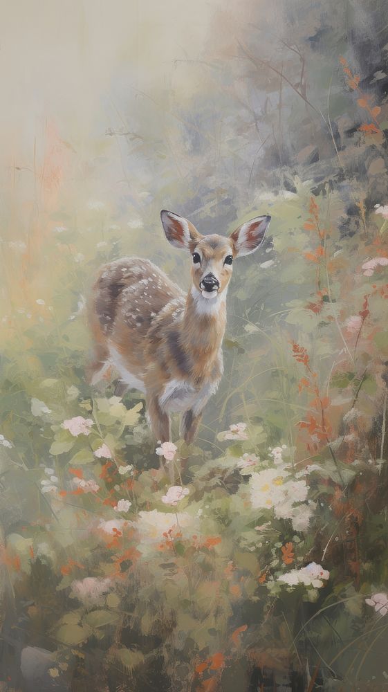 Scenery of a baby deer in the Flower field wildlife painting animal.