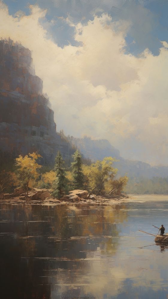 A guys fishing in lake landscape outdoors painting.