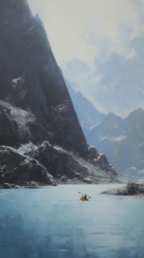 Woman kayaking at Lofoten Archipelago mountain painting outdoors.