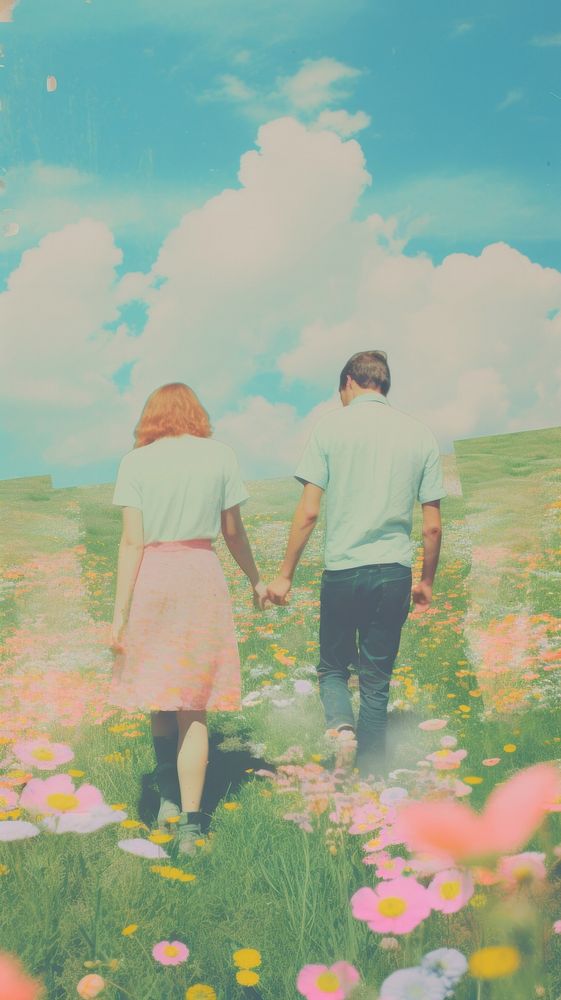 Couple walking on the flower meadow landscape grassland outdoors.