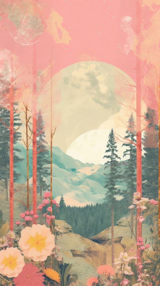 Forest with sunrise art outdoors painting.