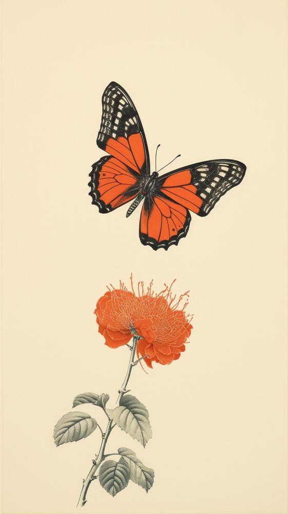 Litograph minimal butterfly on flower animal insect art.