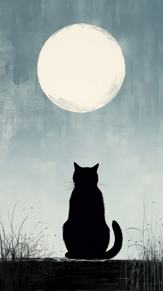 Litograph minimal cat sitting moon silhouette mammal.