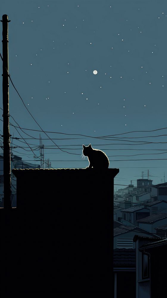 Litograph minimal sleepy cat night silhouette building.