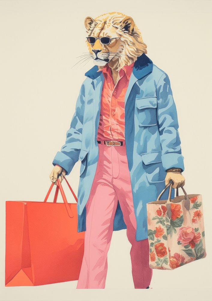 Simple abstract character in Risograph printing illustration minimal of a happy lion enjoy shopping handbag coat…