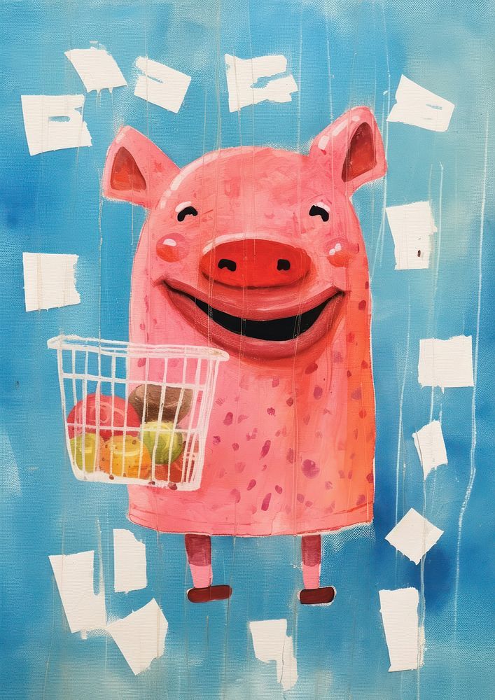 Simple abstract character in Risograph printing illustration minimal of a happy pig enjoy shopping art representation…