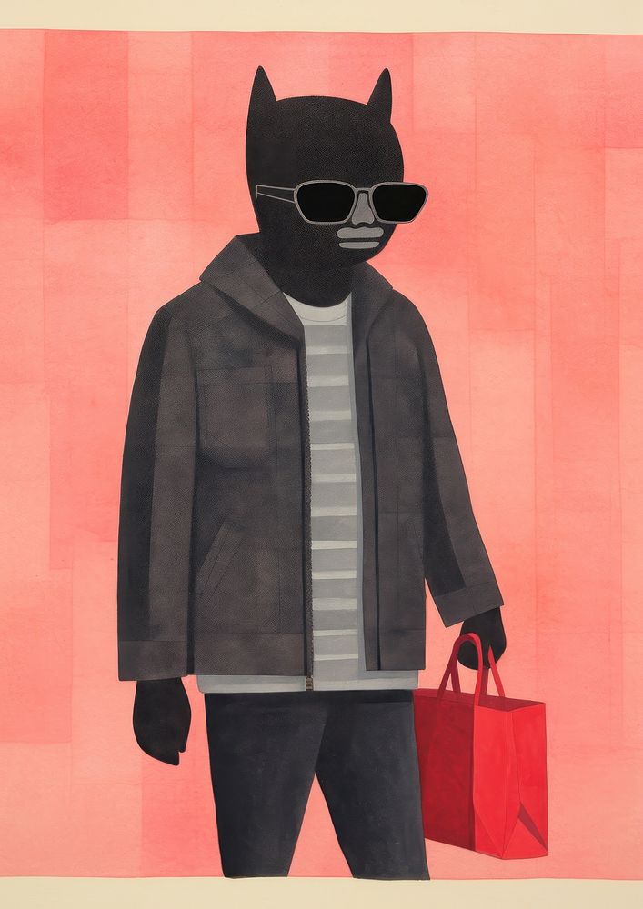 Simple abstract character in Risograph printing illustration minimal of a happy black cat enjoy shopping glasses handbag…
