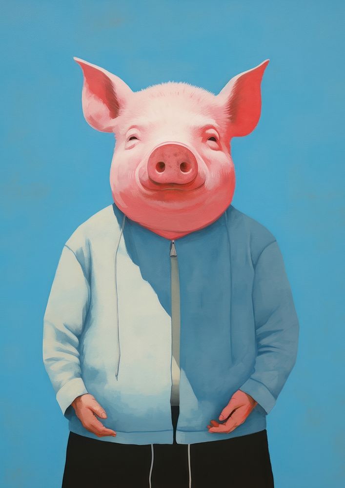Simple abstract character in Risograph printing illustration minimal of a happy pig enjoy shopping mammal animal…