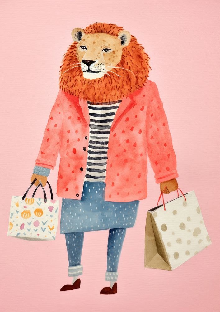 Simple abstract character in Risograph printing illustration minimal of a happy lion enjoy shopping handbag coat art.