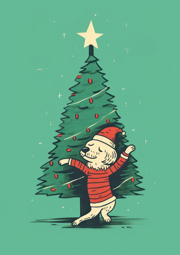 Dog dancing with Christmas tree christmas plant representation.