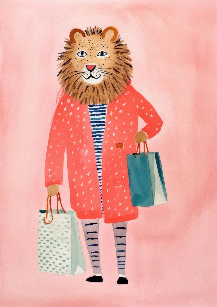 Simple abstract character in Risograph printing illustration minimal of a happy lion enjoy shopping handbag coat art.