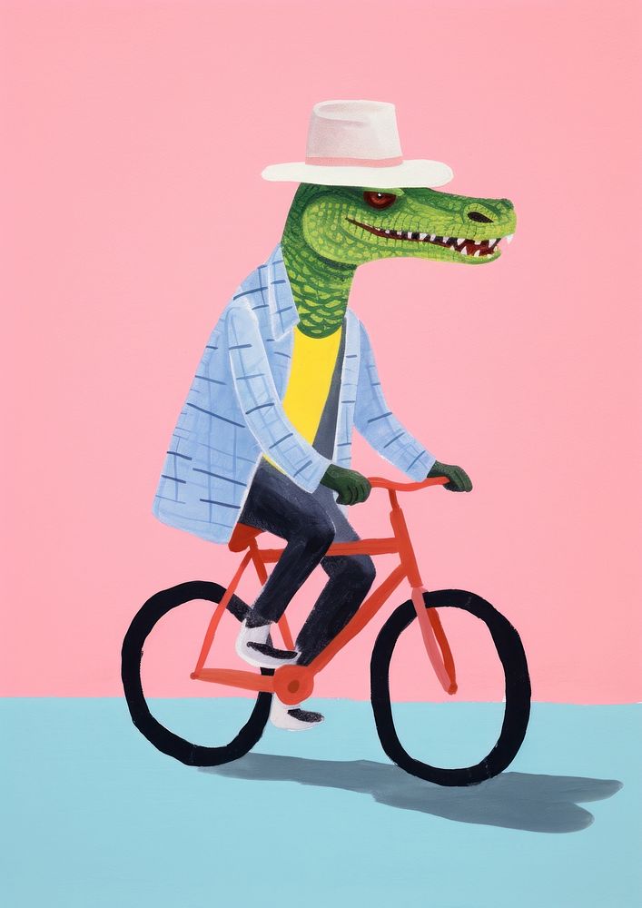 Delivery crocodile riding bicycle vehicle cycling art.