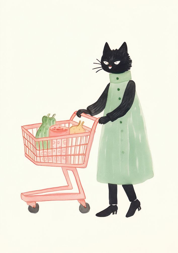 Simple abstract character in Risograph printing illustration minimal of a happy black cat enjoy shopping basket mammal…