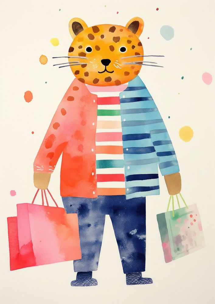 Simple abstract character in Risograph printing illustration minimal of a happy lion enjoy shopping art representation…